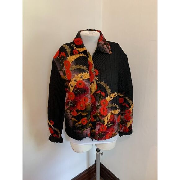 Y2K VTG UBU Puffer Jacket Crushed M Ruched Floral 90 Beaded Crinkle Zip Art Boho - Picture 12 of 16